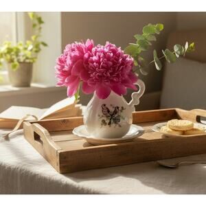 VTG Porcelain Pitcher &  Bowl, purple birds in pine 5" creamer Japan cottage